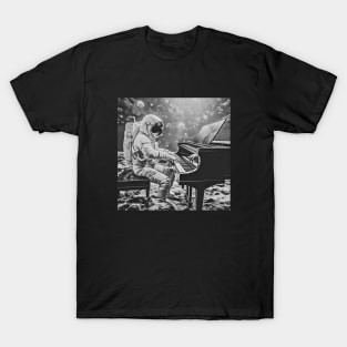 Astronaut Playing Piano Symphony on a Water Planet (Black and White), Cosmic Crescendo T-Shirt